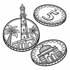 Vector art of a black and white illustration of three coins, one with a lighthouse and palm trees, one with a mosque, and one with the number five