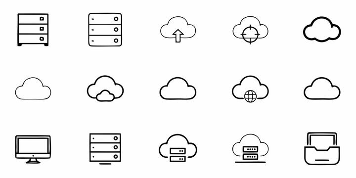 Modern cloud computing icons showcase data storage, networking, and servers for technology solutions, perfect for web design and app development needs