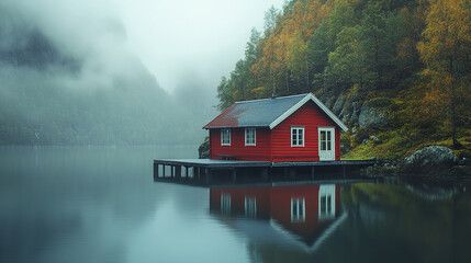 Fototapeta premium Red boathouse on calm lake with misty mountains and autumn forest reflecting in water, creating peaceful and serene atmosphere in nature