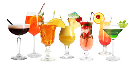Variety of cocktails on glasses isolated on white, collection