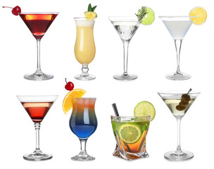 Variety of cocktails on glasses isolated on white, set