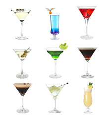 Variety of cocktails on glasses isolated on white, set