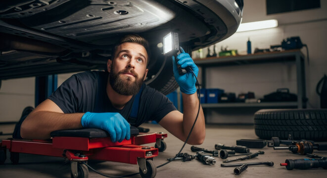Caucasian man mechanic on creeper cart inspecting car undercarriage with flashlight at auto repair shop. Vehicle service and maintenance concept.