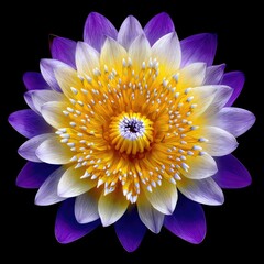A close-up, vibrant image showcasing a lotus flower's intricate details, featuring a mix of deep purple and creamy white petals surrounding a bright yellow center.