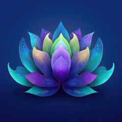 A vibrant, colorful lotus flower design with delicate lines and a gradient of blues, greens, and purples, creates a serene and artistic image.