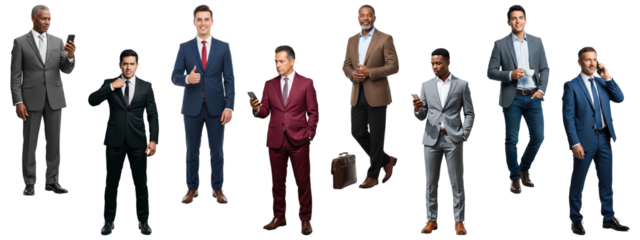 A diverse group of businessmen walking and using their phones.