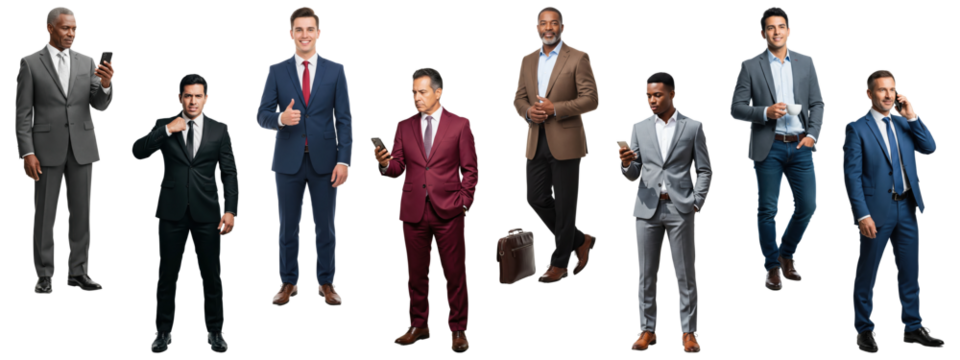 A diverse group of businessmen walking and using their phones.