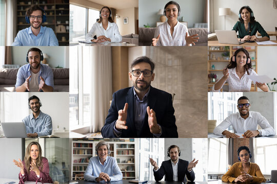 Smiling diverse businesspeople engaged in virtual collaboration, collage