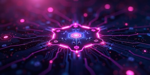 Futuristic Circuit Board with Glowing Neon Lines and Central Processor