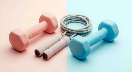 dumbbell weights and a sports rope for fitness 3d style on pastel blue and pink colors exercise equipment