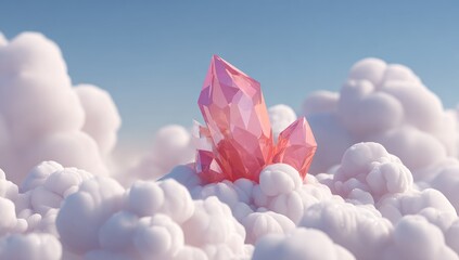Pink crystal atop fluffy clouds against a light blue sky