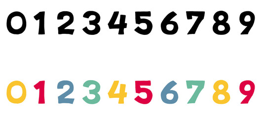 Numbers 0 to 9 Doodle Hand Drawn Typography Black, Colorful and White Letters illustration alphabet symbols set on Transparent background