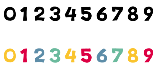 Numbers 0 to 9 Doodle Hand Drawn Typography Black, Colorful and White Letters illustration alphabet symbols set on Transparent background