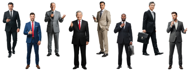 A diverse group of business men with different poses and expressions.