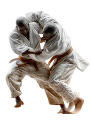 Two judo athletes grappling, isolated on transparent background
