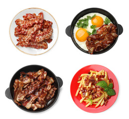 Greasy food texture. Collage with fried bacon isolated on white, top view