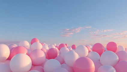 Pink and white balloons fill the sky