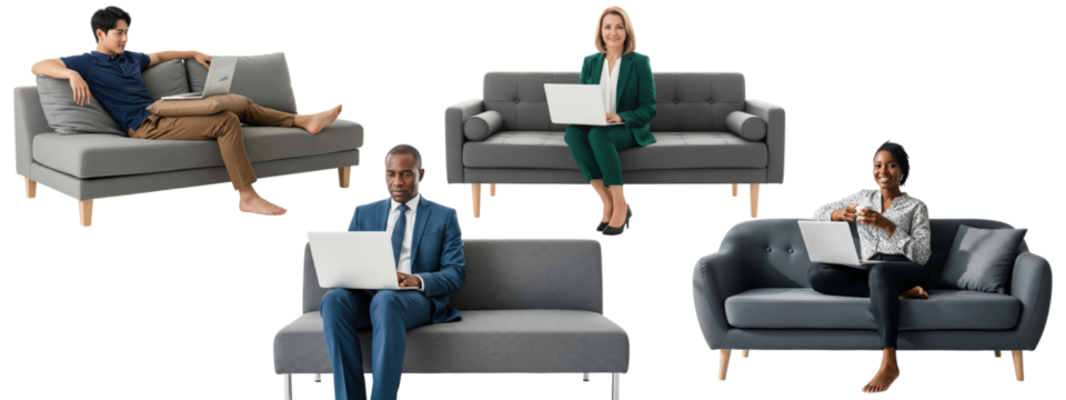 A diverse group of businesspeople working on laptops on a sofa.