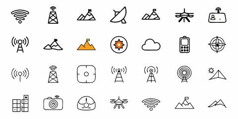 Explore adventure travel with wifi and drone technology for navigation and communication, a modern set of icons symbolizing discovery and exploration