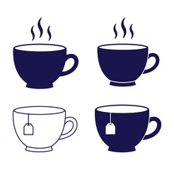 Obraz premium Simple vector illustrations of tea cups with steam and teabags in blue and white colors