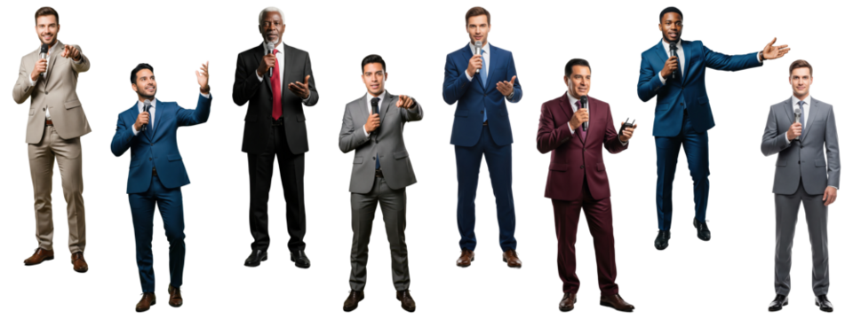 A diverse group of male speakers holding microphones.