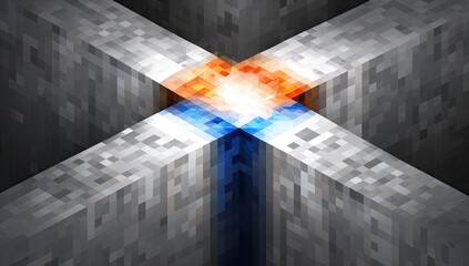 A striking geometric design showcasing a cross-section of pixelated blocks with a bright central intersection of orange and blue.