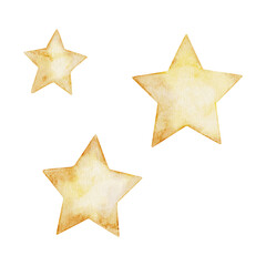 Watercolor Set of Simple Golden five pointed Star. Hand drawn Illustration fireworks. Festive decor, party and celebration symbol, Yellow Christmas tree top decoration isolated on background