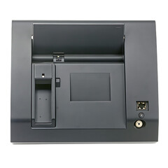 Obraz premium Top View of a Thermal Printer with Paper Feed Slot graphic design isolated on a transparent background