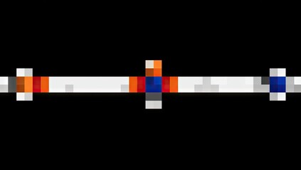 A stylized, pixelated weapon design features bands of orange, red, and blue hues against a backdrop of white, creating a striking visual effect.
