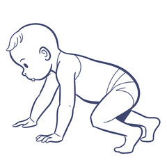 A simple line drawing depicts a baby learning to crawl and explore