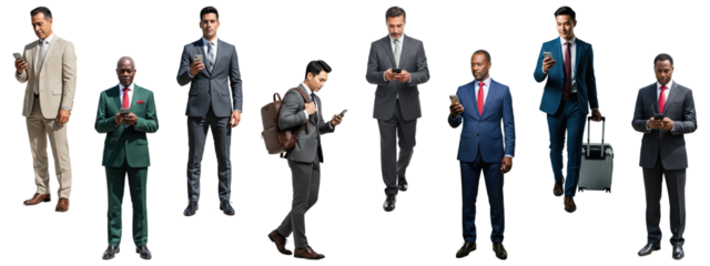 A diverse group of businessmen walking and using their phones.