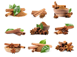 Cinnamon sticks and powder isolated on white, set