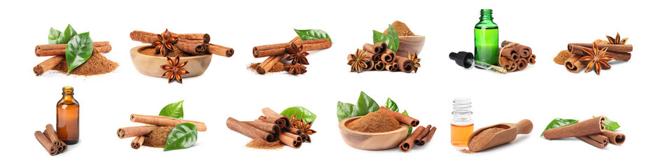 Cinnamon oil, sticks and powder isolated on white, set