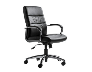 Black leather executive chair with padded back, armrests, and a swivel base on casters