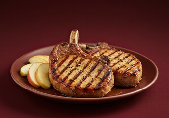 Grilled Pork Chops with Apples on Autumn Brown Leaves Background 