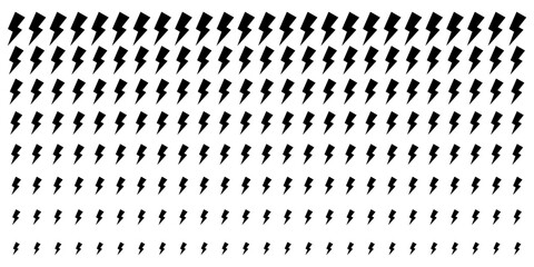 Repeated thunderbolt shapes pattern. Black lightning signs isolated on white background. Flashlights or electricity, energy or danger, power or shock cartoon symbols. Vector graphic illustration.