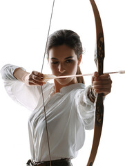 Woman holding a bow and arrow ready to shoot isolated on transparent background
