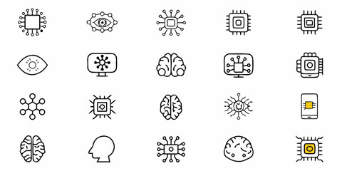 Futuristic AI icons symbolizing technological progress, machine learning, neural networks, and artificial intelligence, suitable for technology and science designs