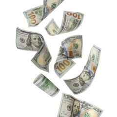 Money flying. Dollar bills falling against white background