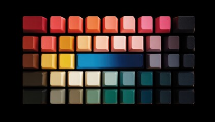 Colorful keyboard keys arranged in a grid pattern, various shades of hues from reds to blues and greys.  A vibrant, digital keyboard layout against a black background