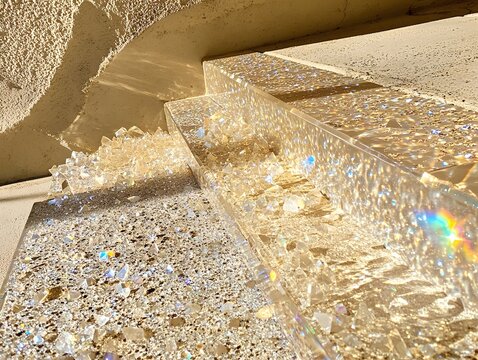 Sparkling Crystal Stairs Abstract Art, Luminous Gold Resin Steps