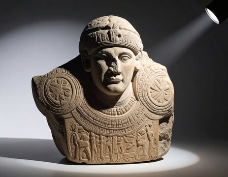 Ancient carved stone bust of male figure with intricate headdress and relief carvings - Powered by Adobe