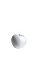 A grayscale image depicts a single, centrally positioned apple against a stark black background; the apple exhibits subtle shading suggesting a three-dimensional form