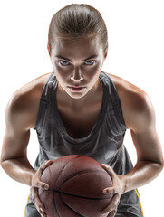 Woman basketball player focused with ball isolated on transparent background