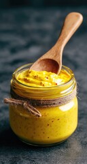 Close-up of a jar of vibrant yellow condiment, garnished with flecks of red, served with a wooden spoon.