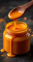 Rich, vibrant orange sauce drips from a wooden spoon into a glass jar, showcasing a delicious food item against a dark background.