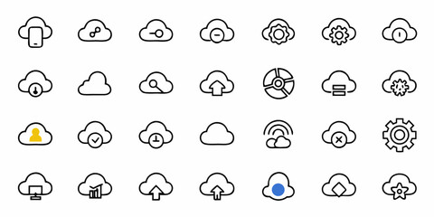 Modern cloud icons representing data management, connectivity, settings, and user profiles for digital services and technology solutions