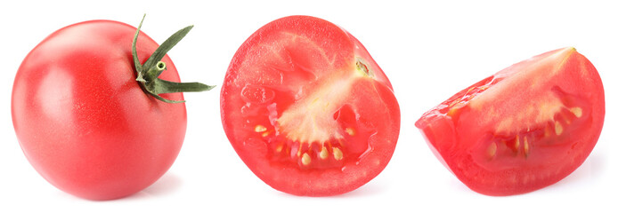 Fresh ripe tomatoes isolated on white, set. Whole and sliced