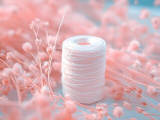Pastel Pink Flowers and White Thread Spools