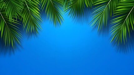 Vibrant Green Palm Leaves on Blue Background Summer Tropical Design